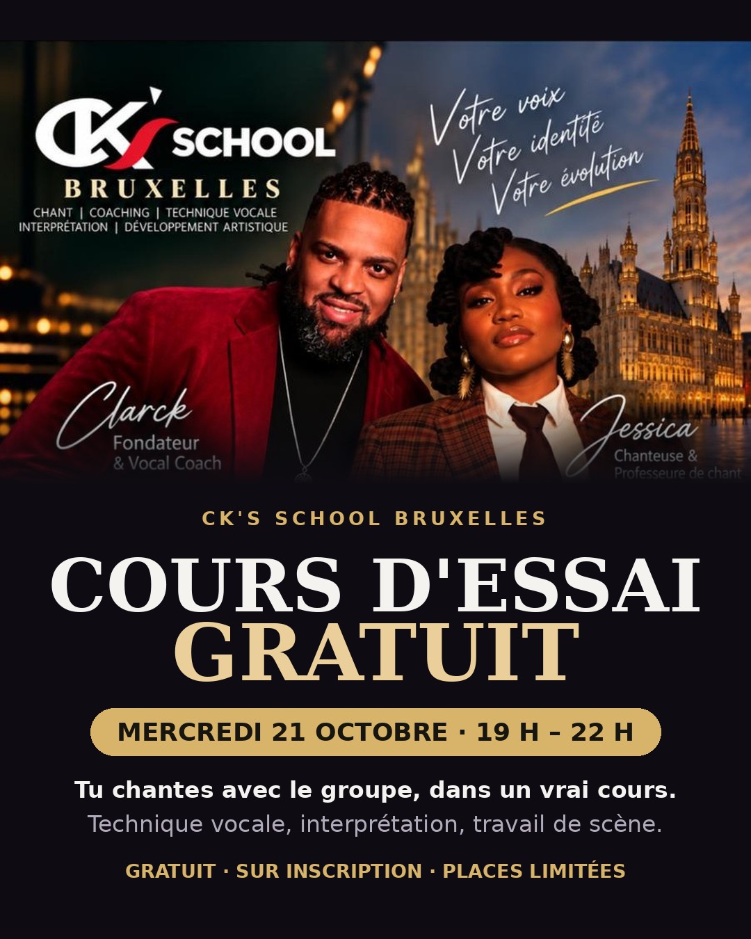Affiche du cours d'essai gratuit de CK's SCHOOL Bruxelles, mercredi 21 octobre